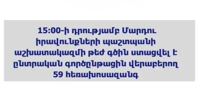 Ժամը 15:00-ի դրությամբ ստացվել է 59 ահազանգ, դրական լուծում է տրվել 15 խնդրի